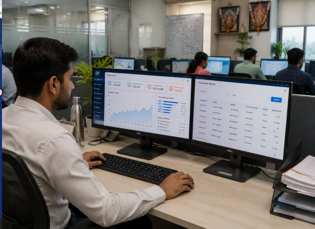 Operator reviewing Jal Software dashboards and consumer records on dual monitors