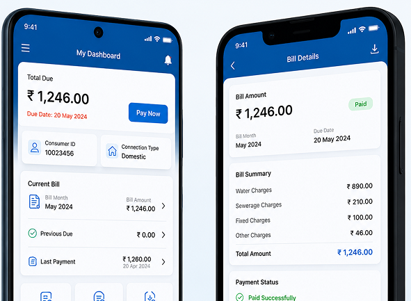 NOIDA water billing mobile app screens showing dashboard and bill details