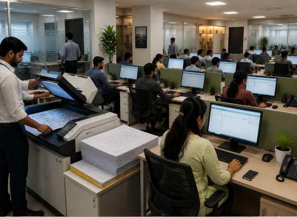 On-site scanning center digitizing large-format drawings and consumer records