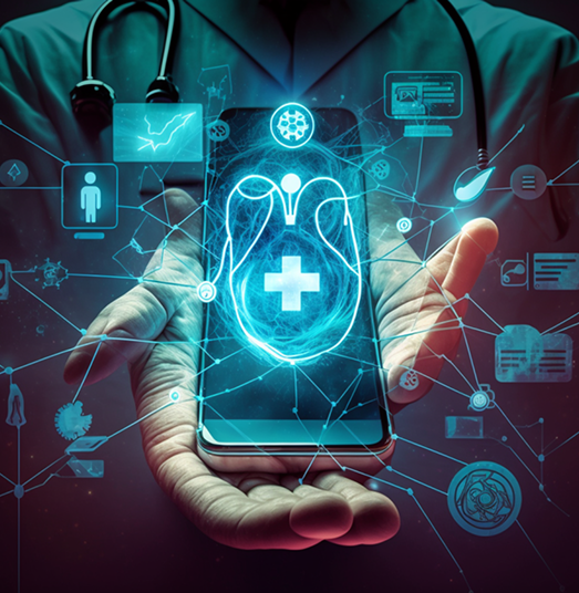 Hands holding a smartphone with holographic healthcare and identity icons above it